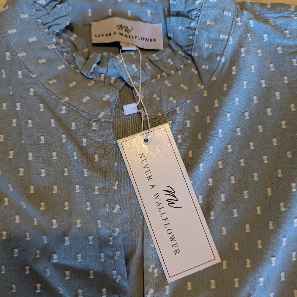 Never A Wallflower - Swiss Dot High Neck Puff Sleeve Minidress NWT - Size L - Picture 11 of 12